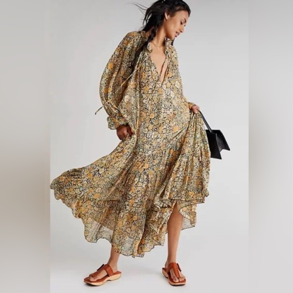 Free People Feelin Groovy Ruffle Detail Flowy Yellow and Black Floral Maxi Dress